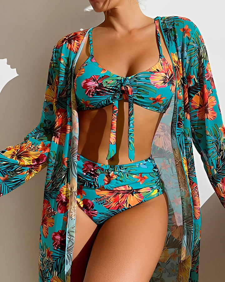 Adora™ | Tropical High-Waist Bikini Set with Cover-Up