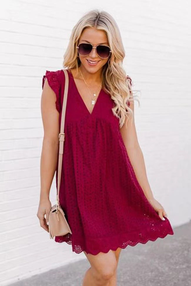 V-Neck Lace Beach Dress with Pockets